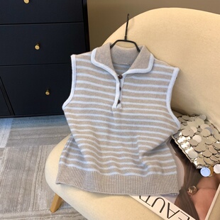 马夹 甜美灰色条纹马甲背心女秋冬慵懒风休闲坎肩无袖 上 韩版