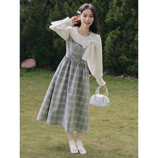 设计感甜美修身 文艺复古减龄娃娃领假两件格子连衣裙女新款 显瘦裙