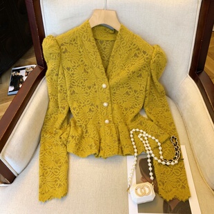 设计感别致修身 上 女秋季 蕾丝衫 显瘦上衣 小香气质v领镂空长袖