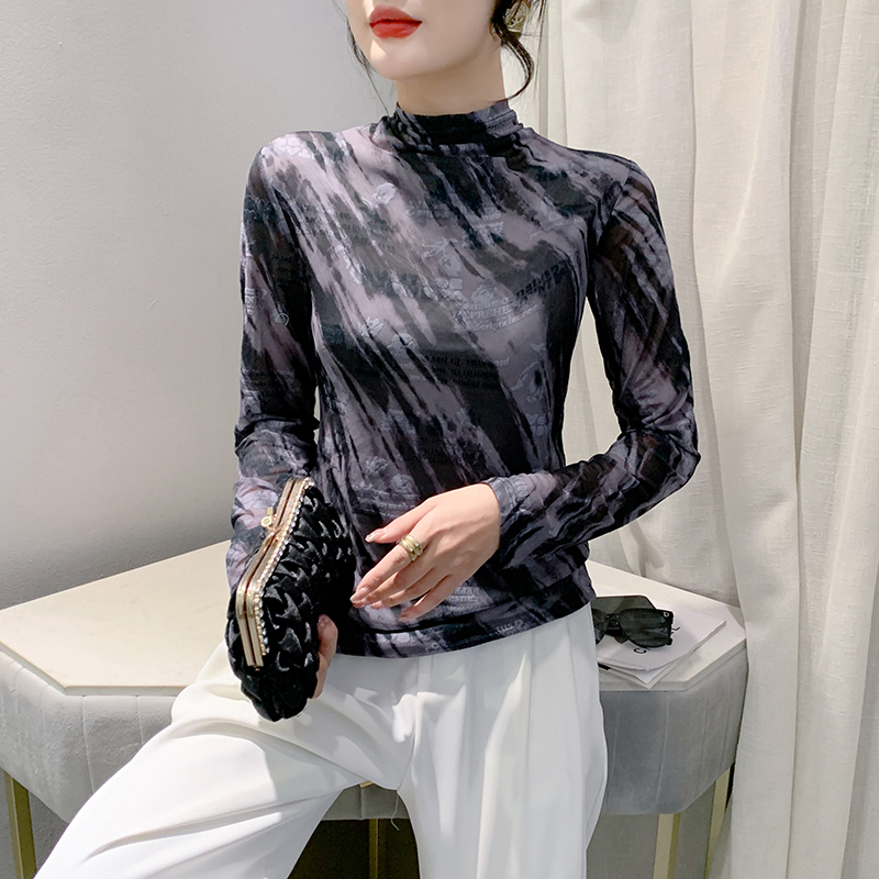 2025秋冬新款植绒高品质网纱半高领长袖T恤时尚修身打底衫上衣女