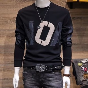 潮牌印花卫衣男春秋冬款 圆领宽松百搭休闲上衣潮流加绒保暖打底衫