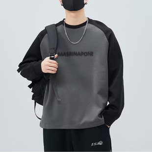 潮牌情侣插肩长袖 宽松打底衫 上衣男 2025新款 撞色休闲卫衣男秋冬季