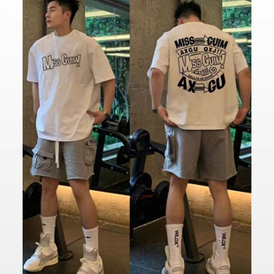 美式高街潮牌字母印花纯棉半袖T恤男款夏季白色正肩重磅短袖上衣
