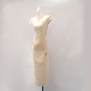 新中式亚麻复古改良旗袍女日常中长裙蝴蝶刺绣高级感春夏连衣裙