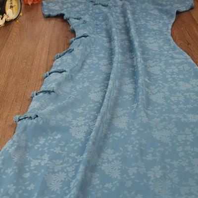 古法平裁旗袍一片式全开襟复古蓝色无省修身圆襟日常长款