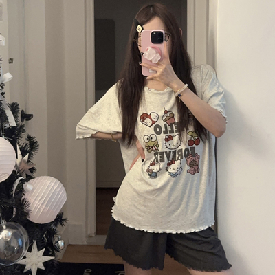 莫代尔睡衣女夏季短袖圆领带胸垫