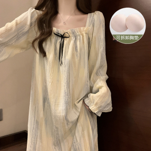 带胸垫长袖睡裙女春秋季纯棉睡衣女秋冬款2026新款夏天条纹家居服