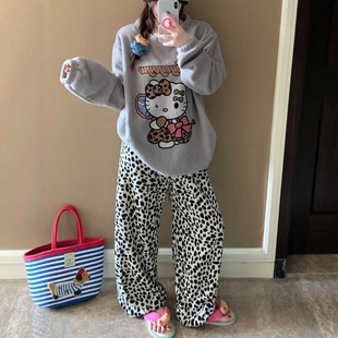 冬季加厚加绒珊瑚绒睡衣女卡通豹纹Kitty凯蒂猫法兰绒套头家居服
