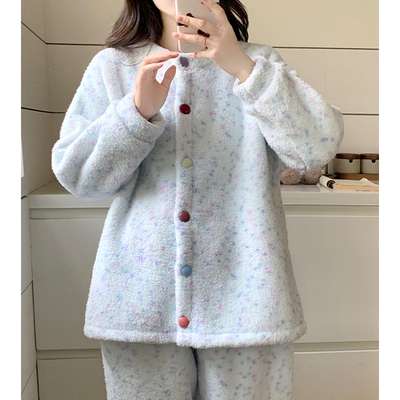 半边绒睡衣女秋冬季加绒加厚套装