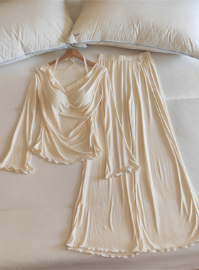 2025新款V领长袖睡衣套装女春秋天莫代尔棉带胸垫性感奶fu家居服