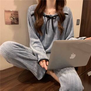 秋冬季 加厚珊瑚绒睡衣女冬天纯色法兰绒甜美ins风休闲家居服套装