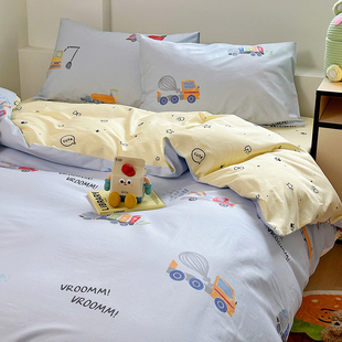 工程车 卡通车男孩浅蓝色卧室宿舍三四件套100%棉儿童被套春夏 蓝