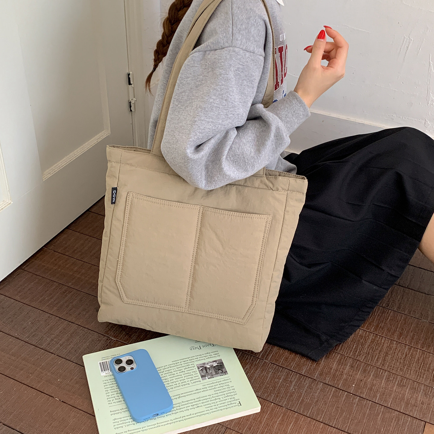 日系简约风大容量托特包电脑包ipad包女学生通勤单肩手提包帆布包