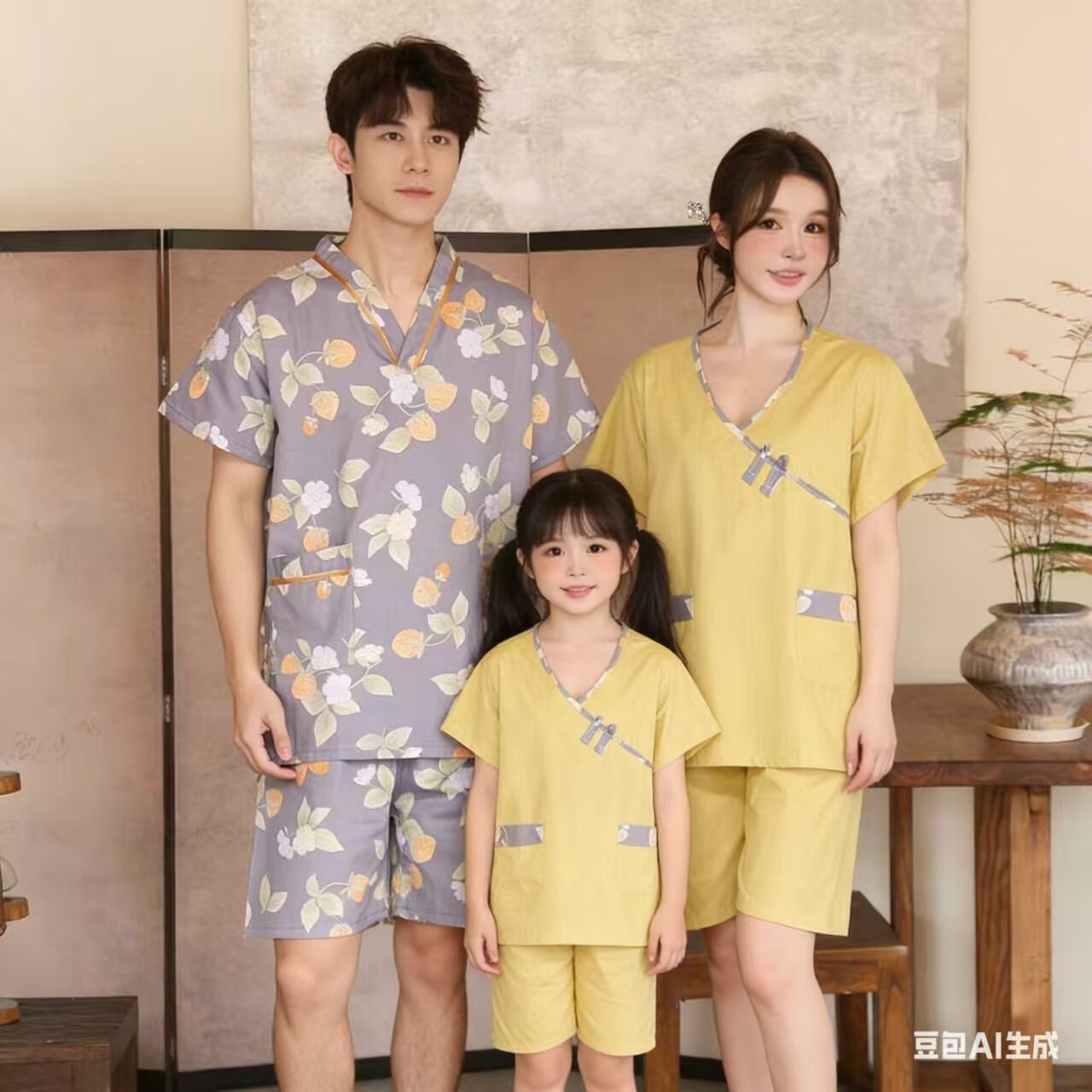 纯棉汗蒸服浴服亲子装男女情侣家居服中大童小孩休闲服睡衣新款