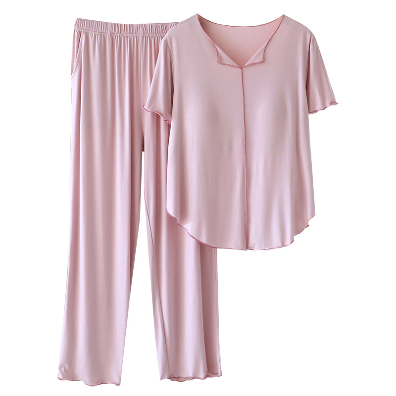 春秋睡衣女短袖长裤套装莫代尔薄带胸垫荷叶边运动休闲大码家居服