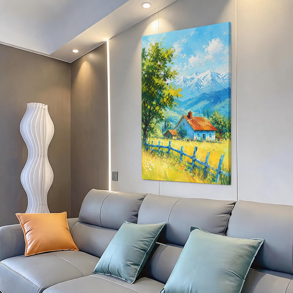 北欧风景油画客厅装饰画雪山小屋挂画现代简约壁画