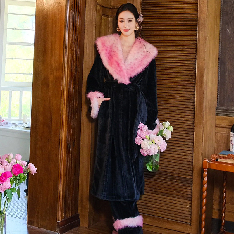 原创豹纹撞色法兰绒睡袍两件套秋冬双面绒半边绒睡衣套装家居服新