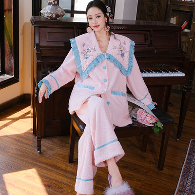 秋冬款亮片绣花睡衣女秋冬季加绒