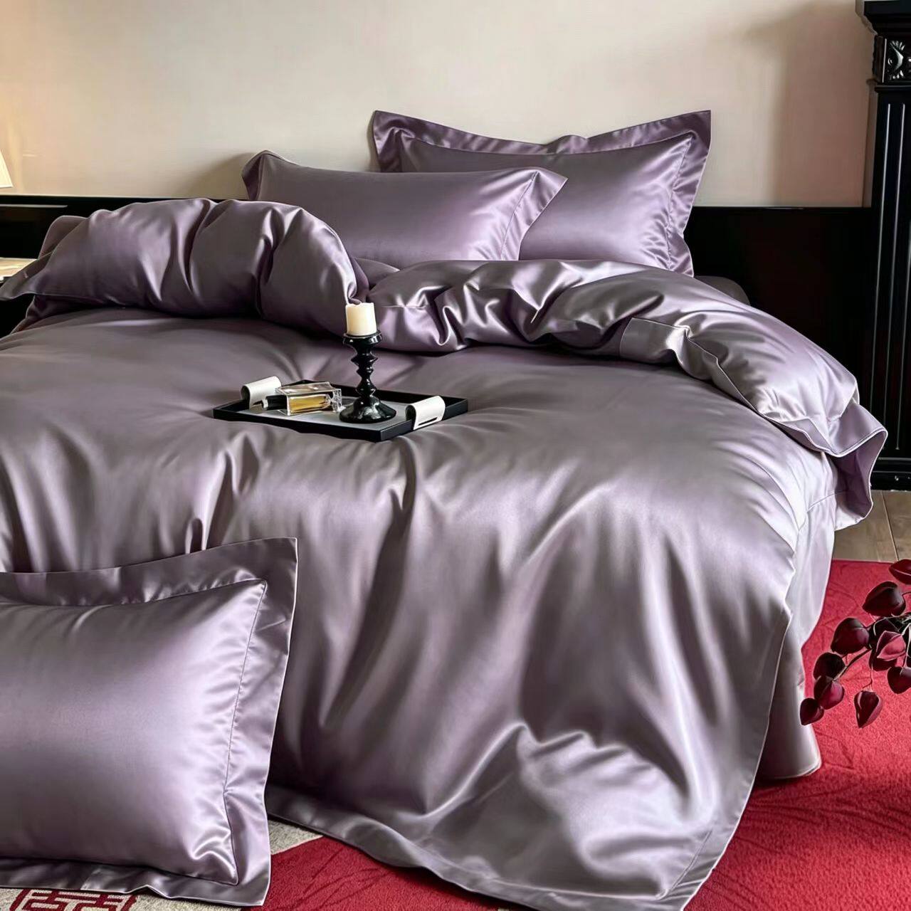 简约紫灰色冰丝四件套夏季凉感水洗真丝被套可定制床笠款床上用品