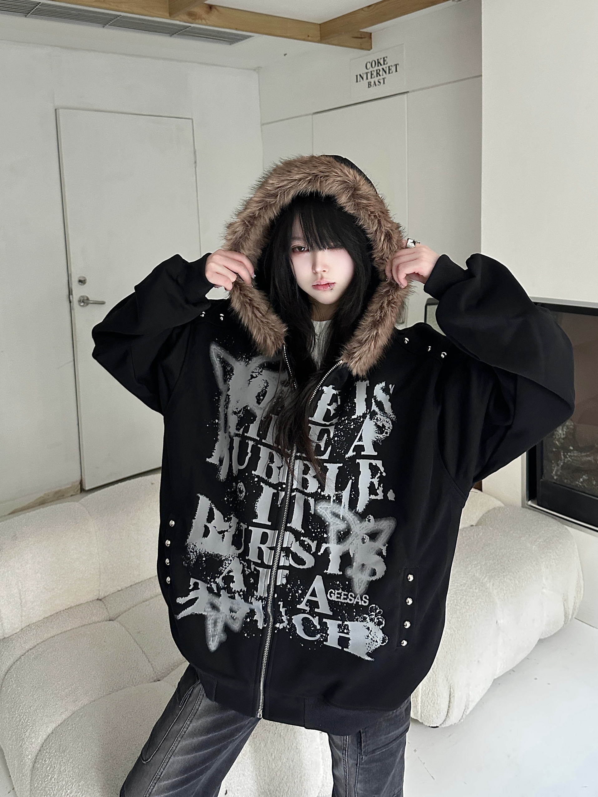 咖喱人秋新款美式复古街头朋克字母印花毛领连帽外套男女宽松潮