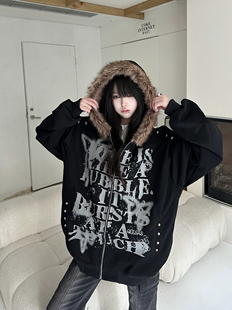 咖喱人秋新款美式复古街头朋克字母印花毛领连帽外套男女宽松潮