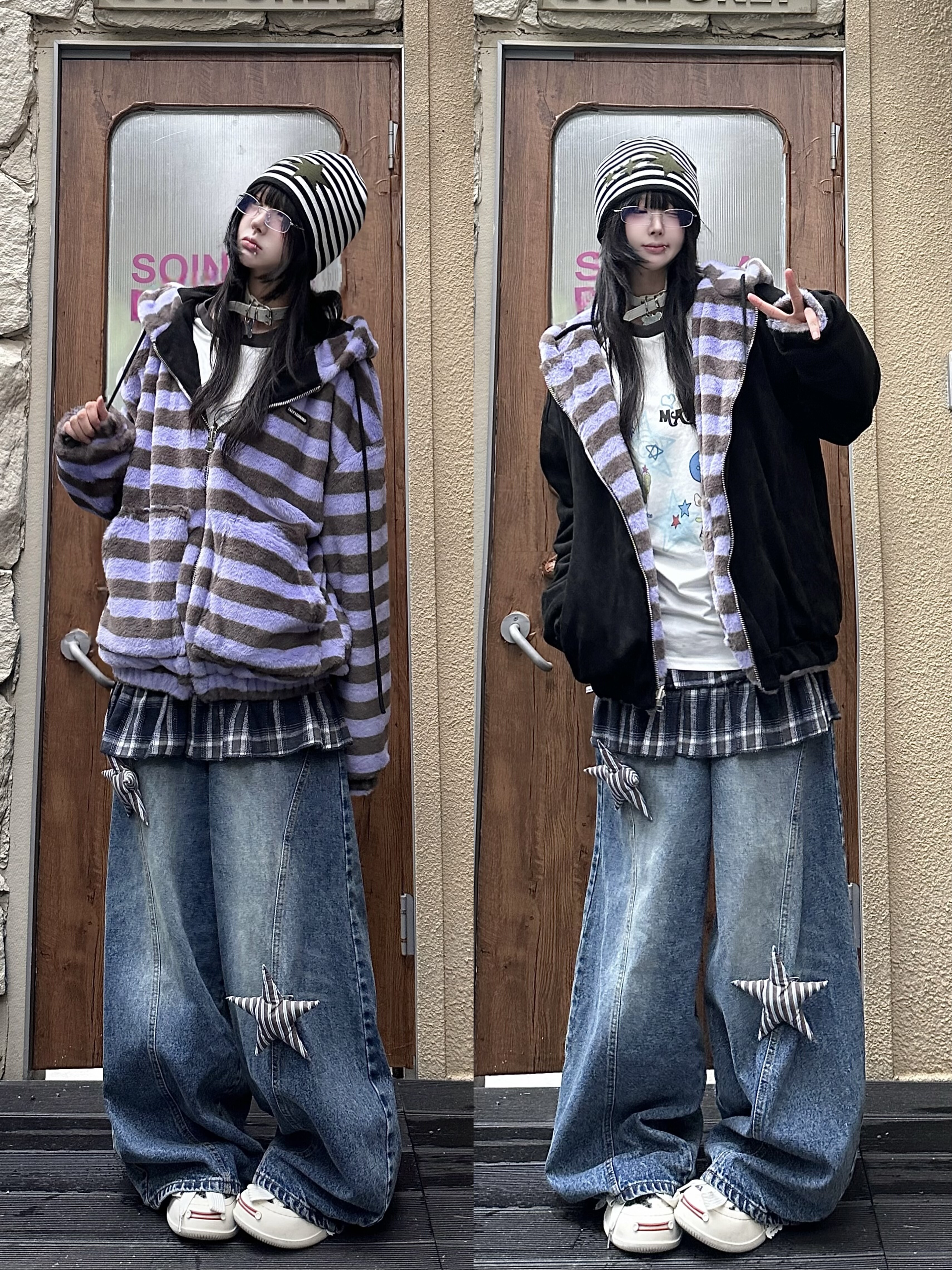 咖喱人双面穿复古条纹连帽棉服女冬季宽松休闲百搭保暖加厚外套