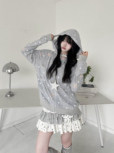 咖喱人韩系少女星星刺绣长袖防晒衣女夏季薄款透气连帽防晒服上衣