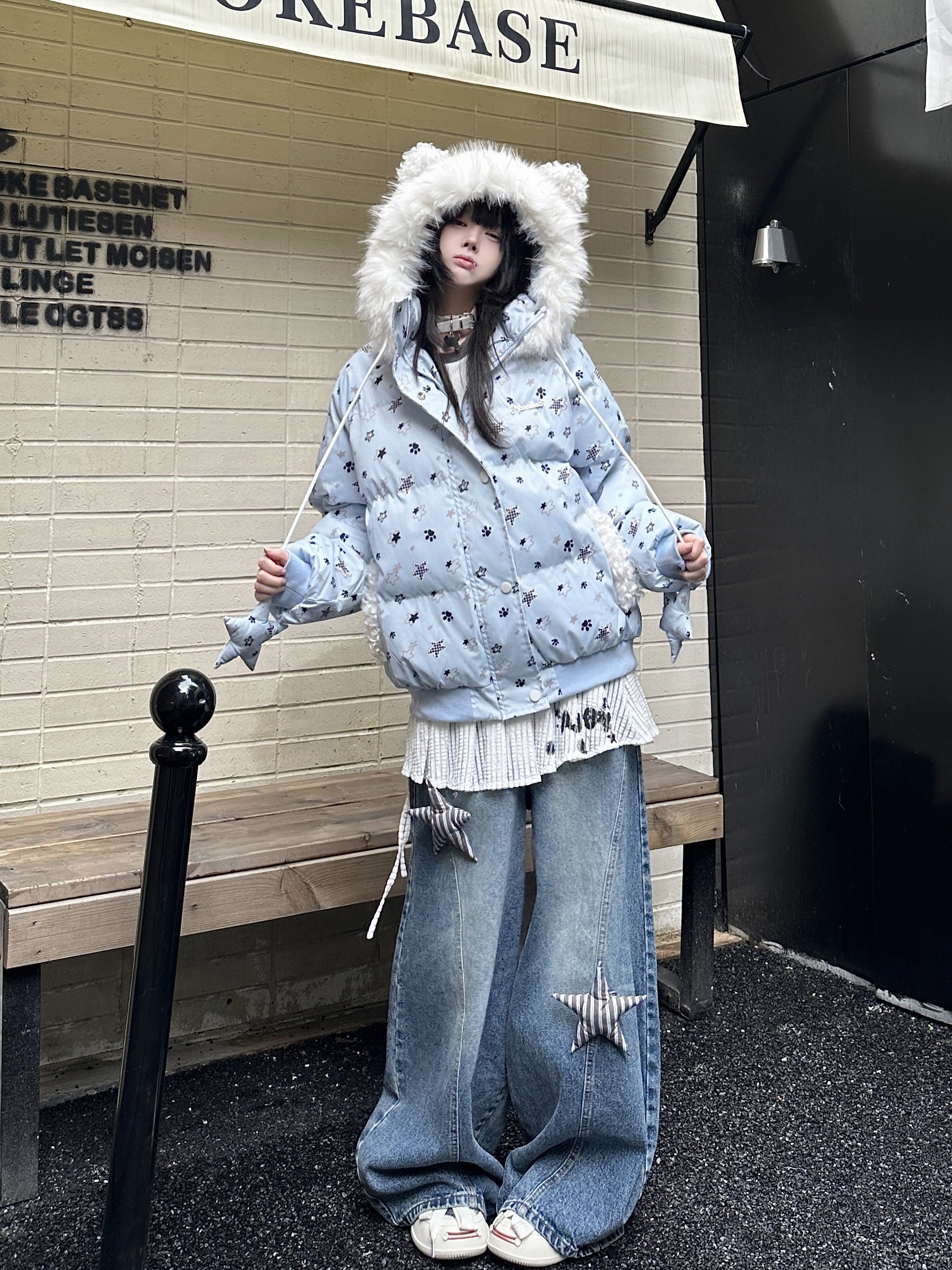 咖喱人可爱猫耳毛领复古星星连帽棉服女冬季宽松休闲保暖棉衣外套