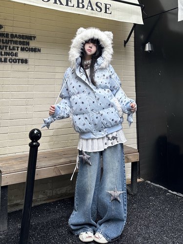 咖喱人可爱猫耳毛领复古星星连帽棉服女冬季宽松休闲保暖棉衣外套