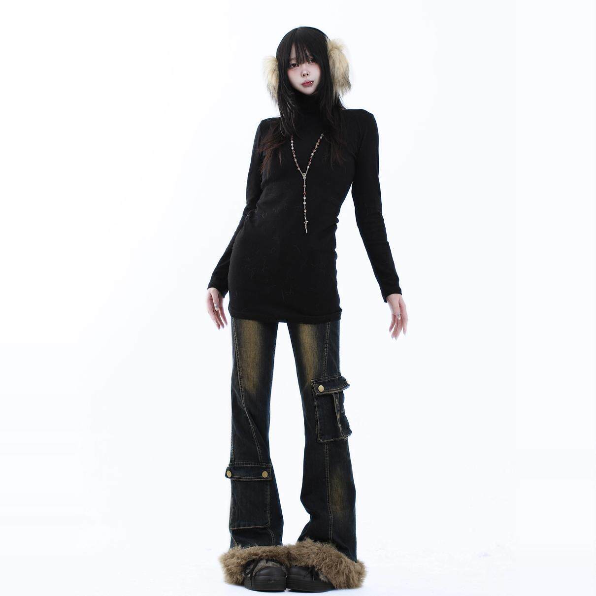 咖喱人美式复古辣妹高领修身显瘦紧身百搭中长款内搭打底T恤秋冬