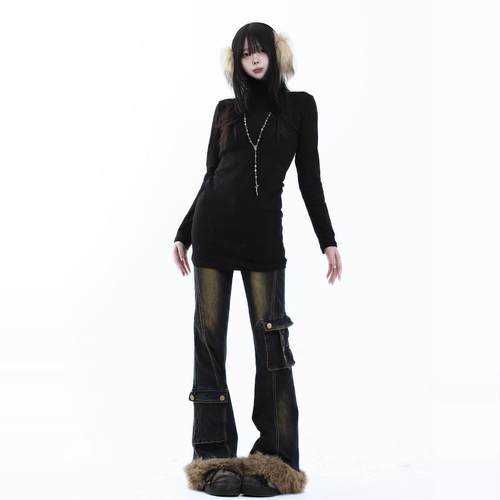 咖喱人美式复古辣妹高领修身显瘦紧身百搭中长款内搭打底T恤秋冬