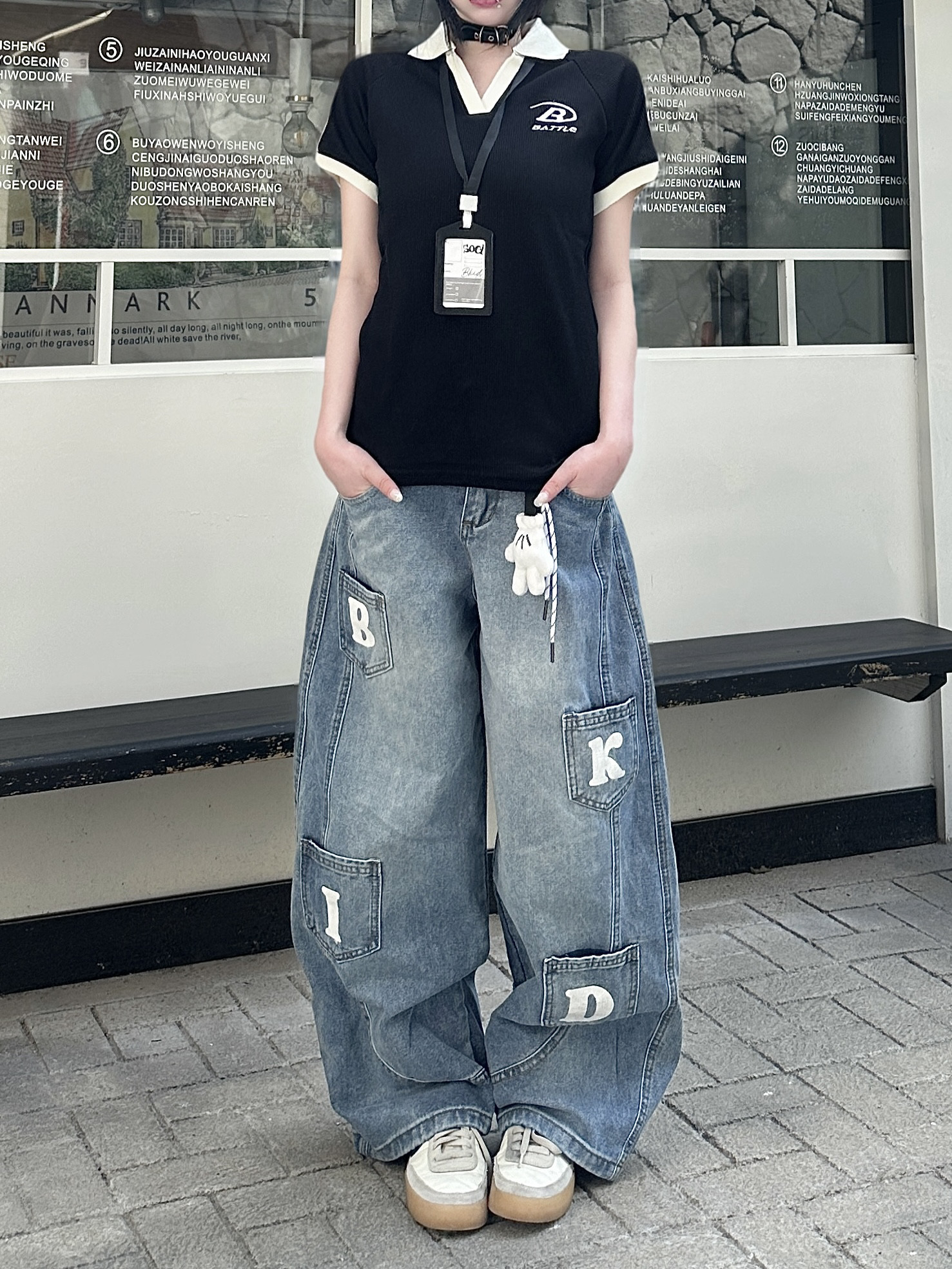 Galiren美式复古水洗多口袋字母弯刀牛仔裤做旧男女拖地宽松长裤