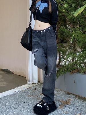 takeoff咖喱新款破洞直筒长裤