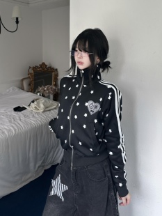 咖喱人美式复古满印星星烫钻条纹织带立领短款拉链开衫女秋季外套