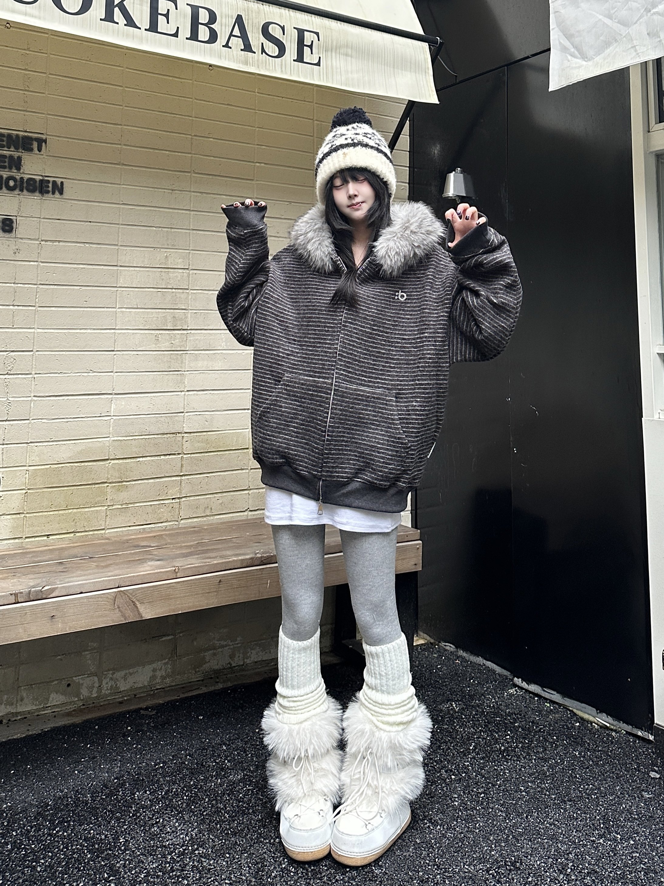 咖喱人原创秋冬可拆卸毛领带耳朵条纹连帽外套美式复古加厚宽松