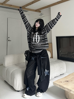 咖喱人美式慵懒条纹针织衫宽松上衣复古街头字母印花男女秋新款