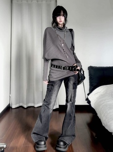 咖喱人废土风秋季半高领不规则蝙蝠袖针织衫女设计感长袖上衣显瘦