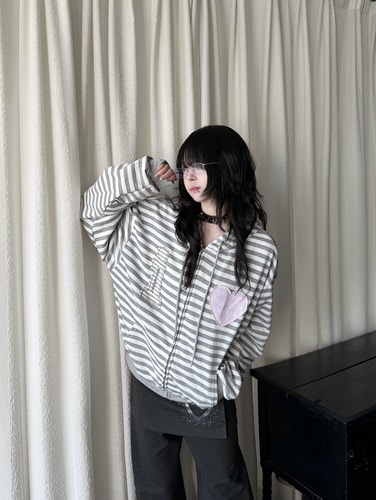 咖喱人春季条纹爱心贴布开衫宽松连帽卫衣女Y2K轻亚风古早感外套