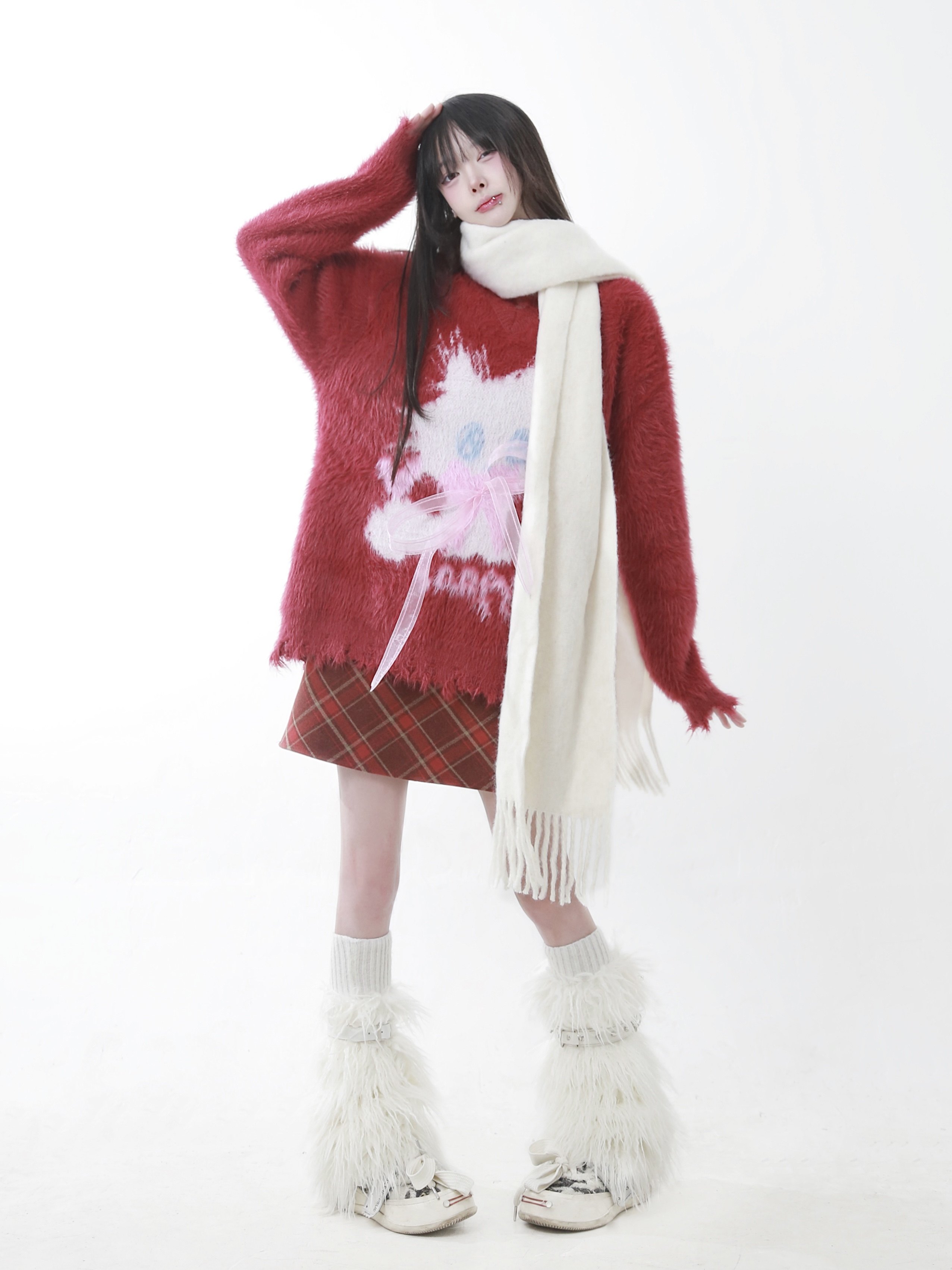 咖喱人美式复古毛绒绒猫咪毛衣做旧破洞V领慵懒软糯套头针织衫