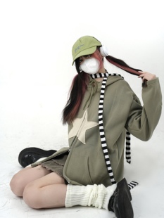 Takeoff咖喱星星灰色宽松连帽抽绳加绒卫衣美式外套开衫秋冬新款