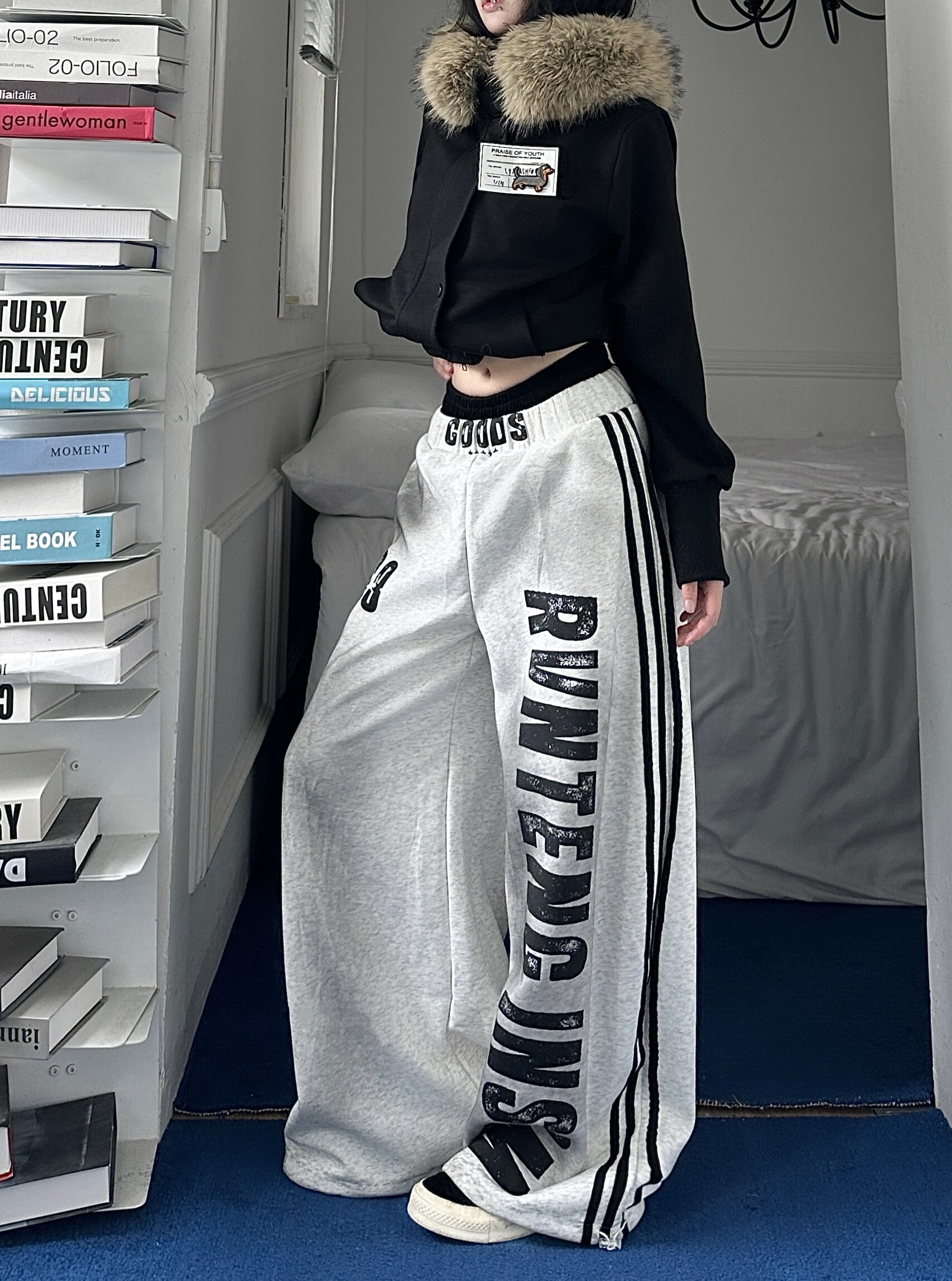 咖喱人美式复古字母印花条纹拼接卫裤女秋季宽松休闲运动阔腿长裤