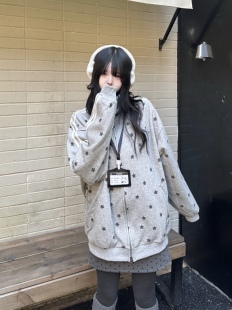 咖喱人冬季星星立领宽松条纹卫衣运动衫日韩厚外套长袖慵懒风百搭