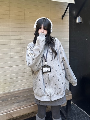 咖喱人冬季星星立领宽松条纹卫衣运动衫日韩厚外套长袖慵懒风百搭