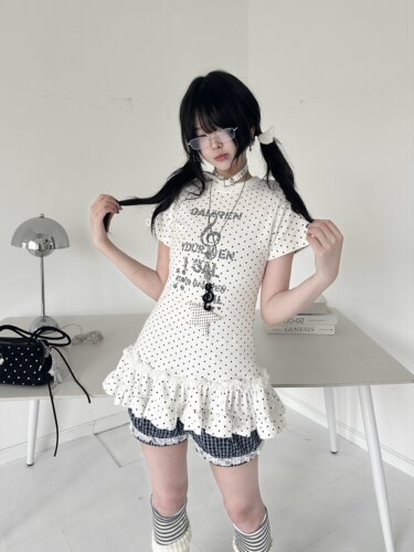 咖喱人原创亚萌波点荷叶边蕾丝打底上衣t恤短袖y2k夏季新款少女