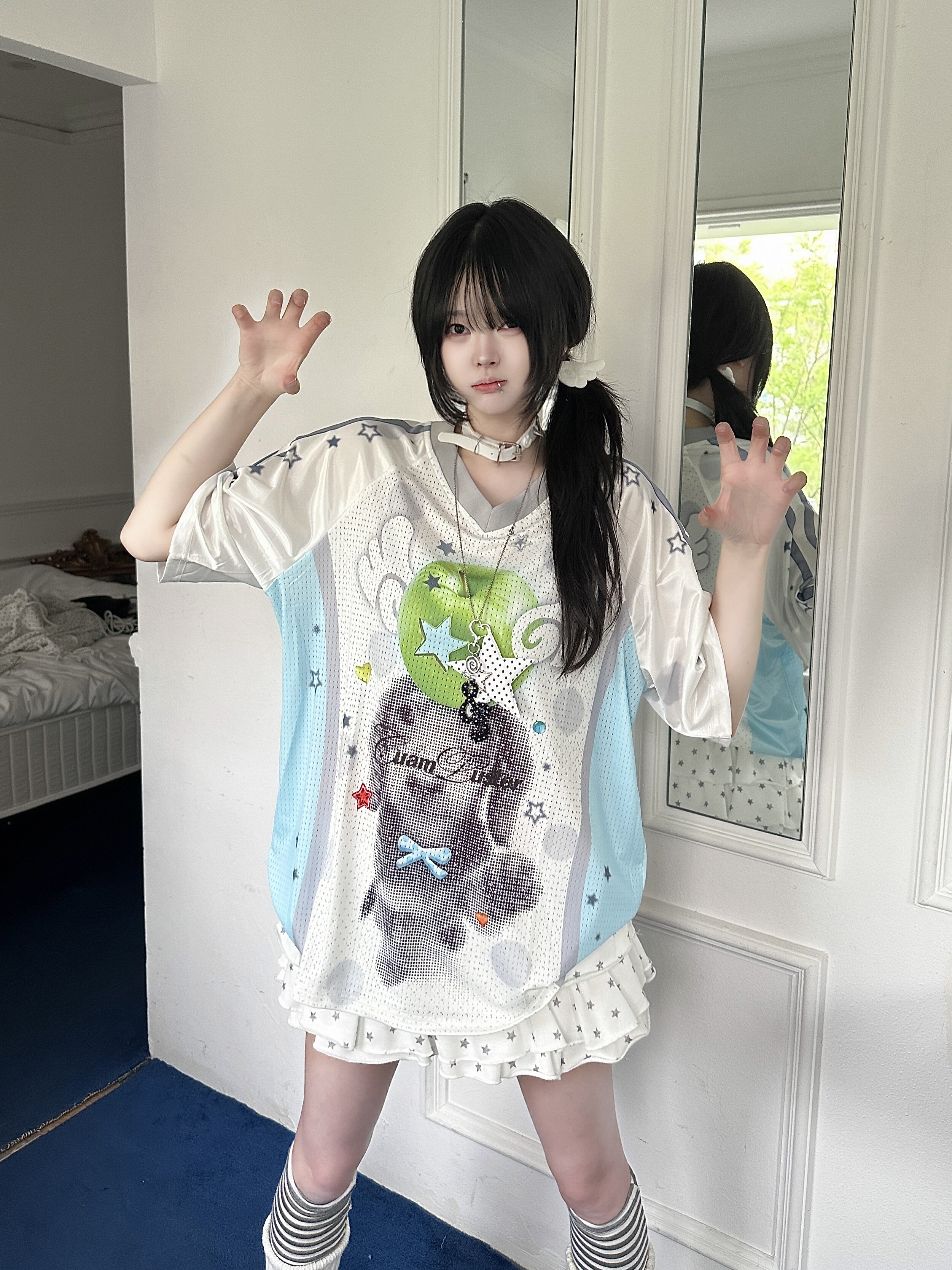 咖喱人Y2K少女感可爱印花复古球衣短袖T恤女夏季小众设计感上衣