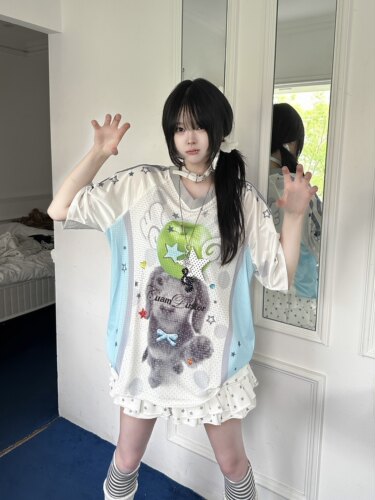 咖喱人Y2K少女感可爱印花复古球衣短袖T恤女夏季小众设计感上衣