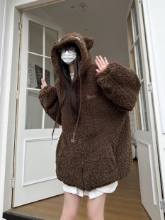 咖喱人原创可爱搞怪小熊羊羔毛连帽情侣棉衣冬季加厚外套女宽松