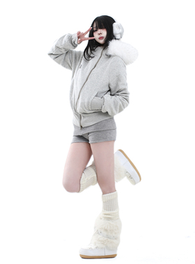 Galiren灰色大毛领厚实加绒短款连帽卫衣女2024新款冬季帽衫