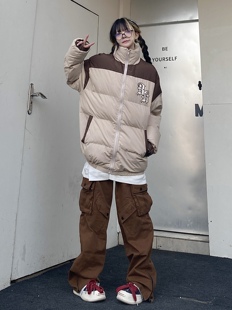 咖喱人美式街头复古立领拼色棉服男女加厚宽松情侣面包服外套百搭