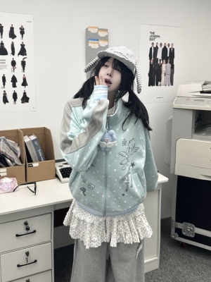咖喱人春季波点卡通印花宅萌可爱高领卫衣外套插肩休闲宽松上衣
